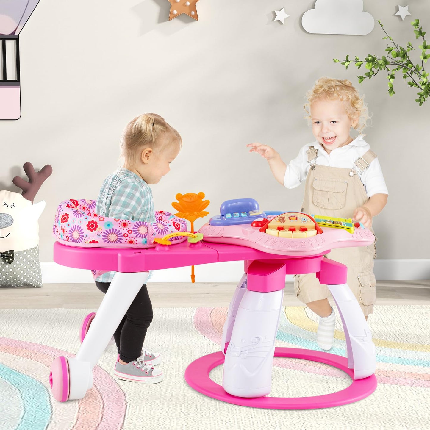 HONEY JOY Baby Activity Center, Discovery Activity Center and Table w/ 360 Walk-Around Seat, 3 Adjustable Heights, Music, Sounds