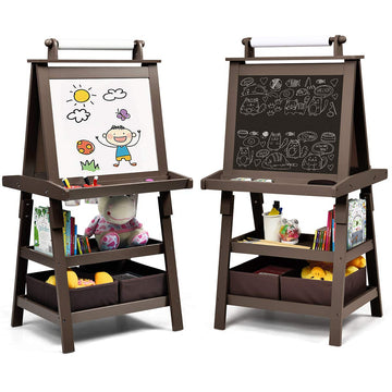 Costzon Kids Art Easel, 3 In 1 Double-Sided Wooden Easel W/Magnetic Whiteboard, Chalkboard & Paper Roll, 2-Tier Rack W/ 2 Storage Boxes, Standing Easel For Kids, Toddlers, Boys, Girls (Coffee)