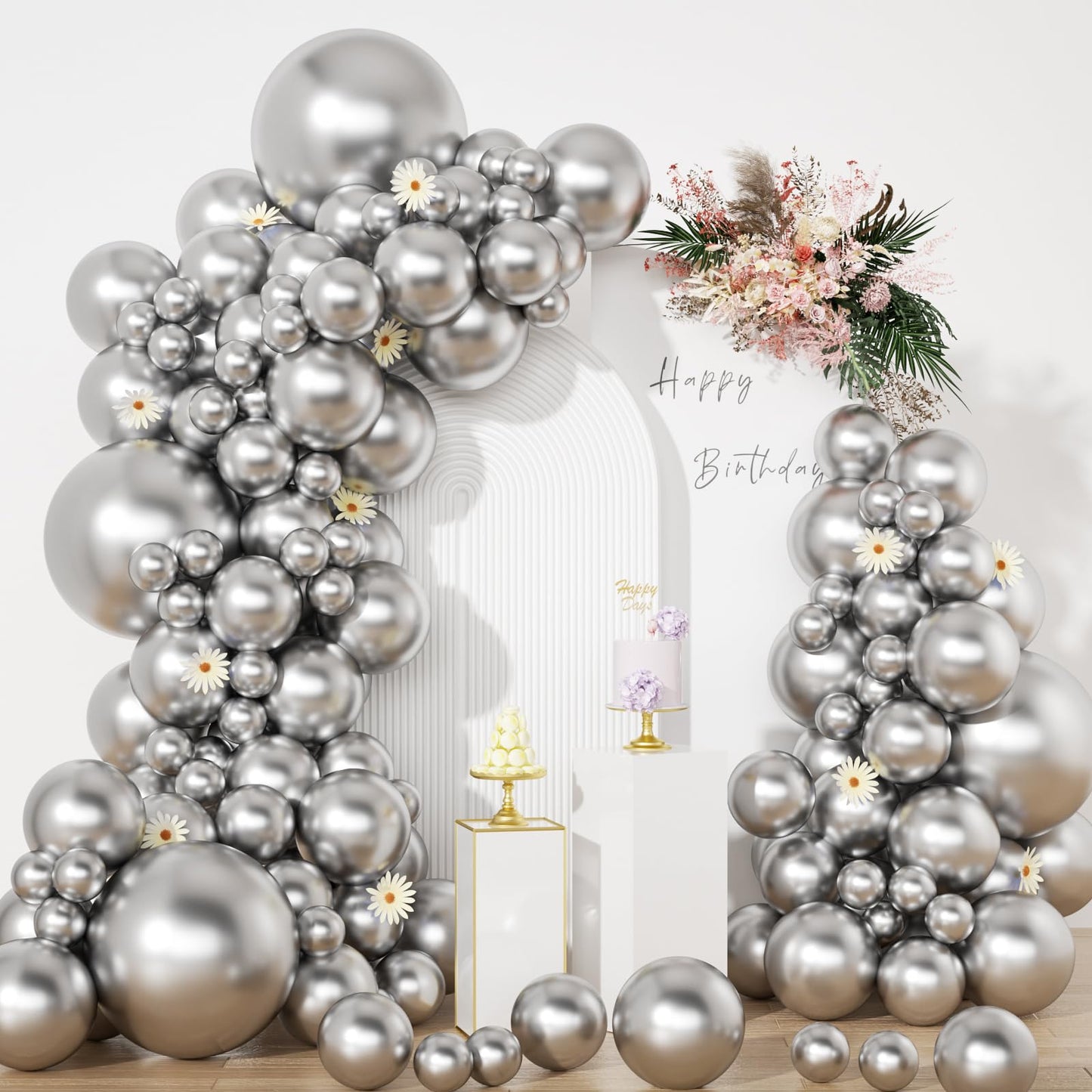Silver Balloons In Different Sizes 5 10 12 18Inch-134Pcs Metallic Chrome Silver Balloons For Garland Arch