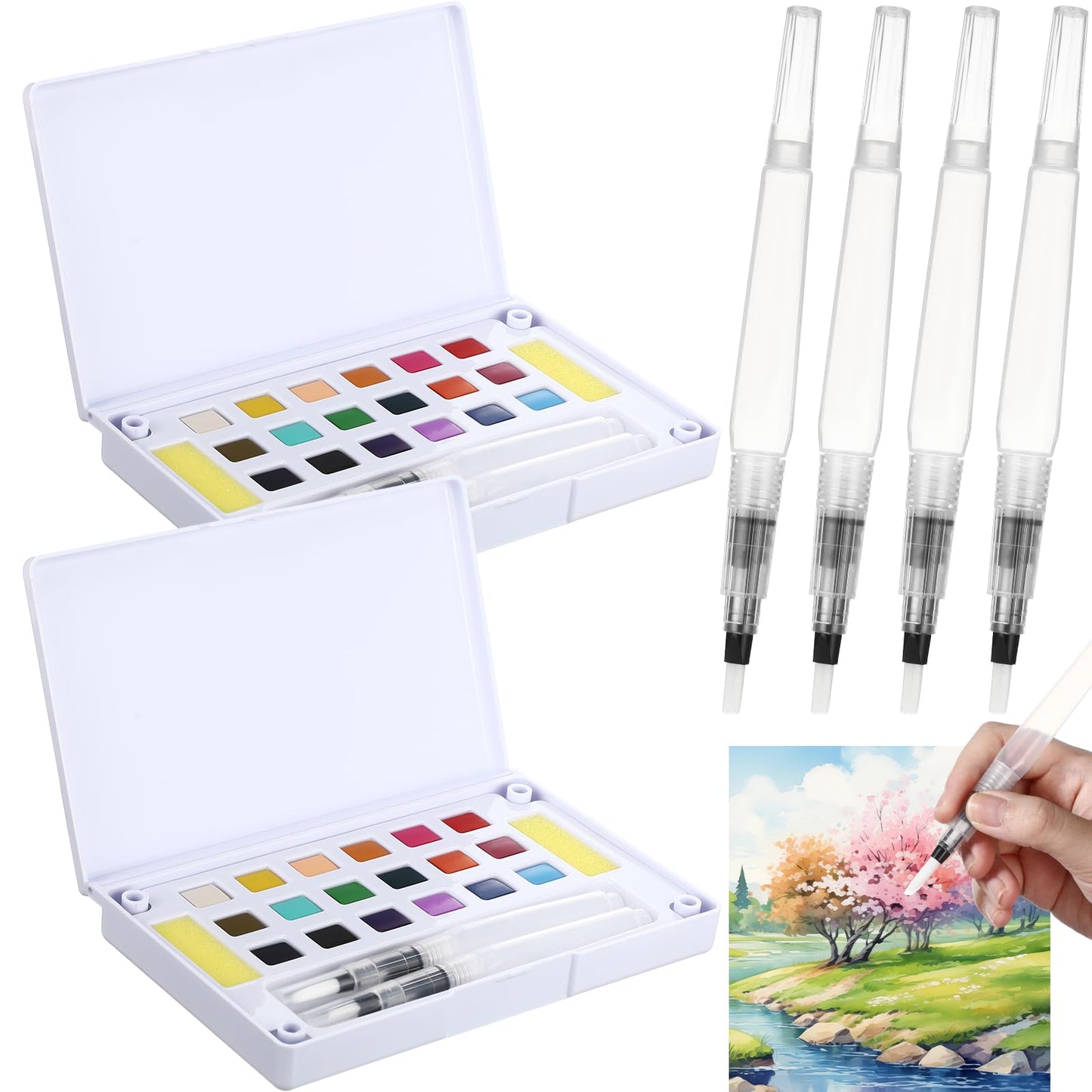 Marspark 2 Pcs Travel Watercolor Paint Set Portable Water Color Paint Kit with Water Brush Pocket Field Sketch Art Supplies for 