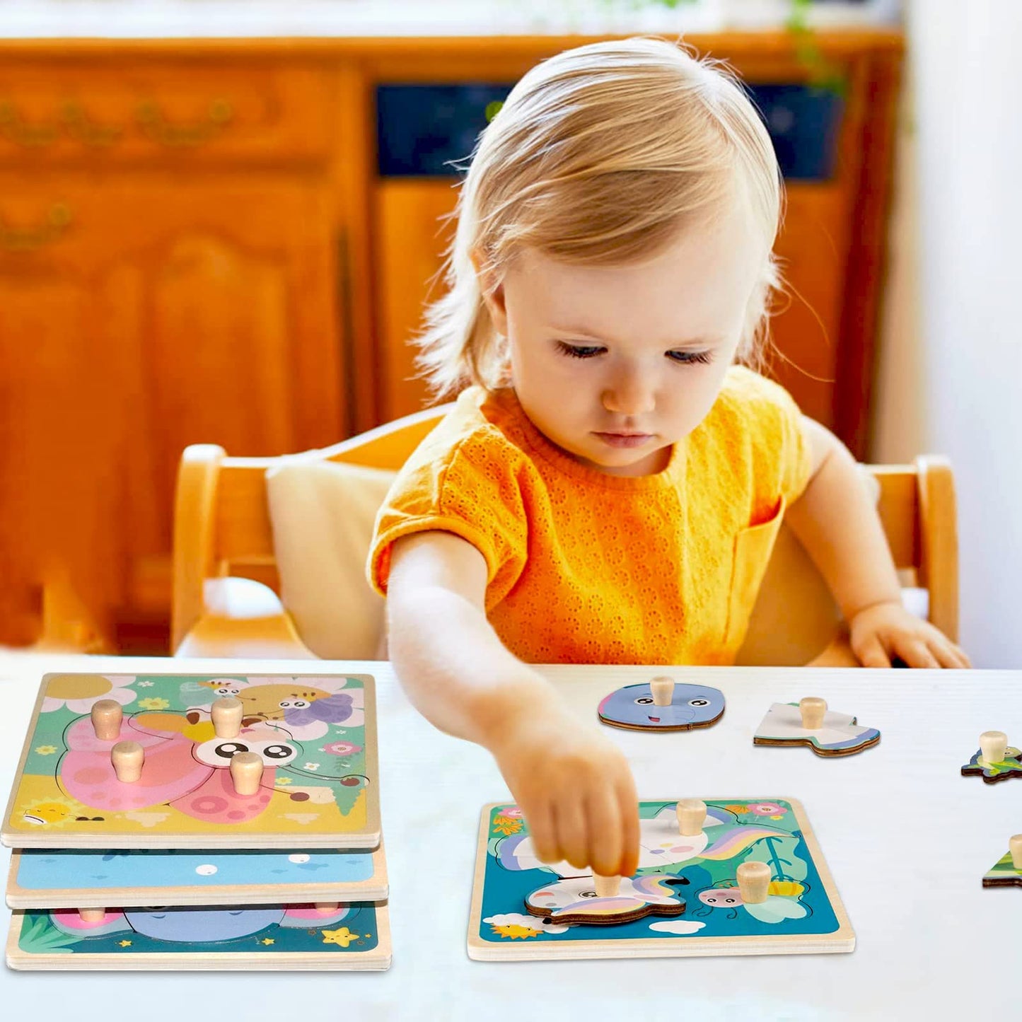 Wooden Toddler Puzzles, Funsland Peg Puzzles Gifts Toys, 4 Pcs Eco Friendly Animal Patterns Jigsaw with Handles, Infant Kid Fine