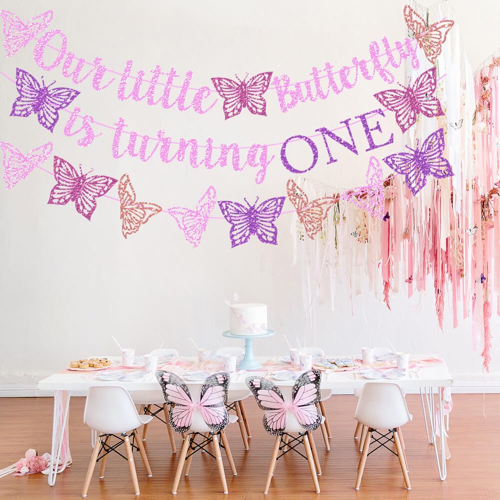 Our Little Butterfly is Turning One Banner Pink Glitter Butterfly 1st Birthday Banner for Spring Butterfly Girls One Year Old Bi