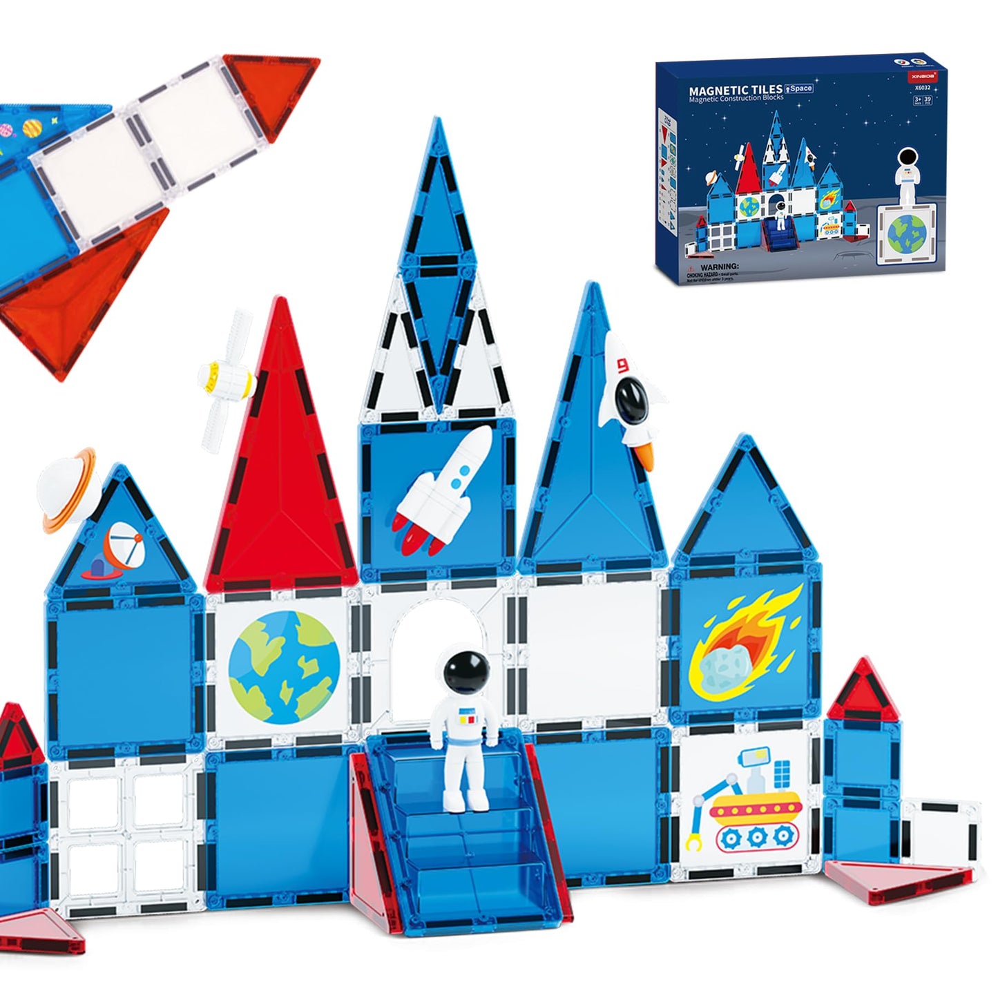 MENYORD Space Exploration Magnetic Tiles (39PCS) STEM Building Set with Rocket & Astronaut Preschool Learning Building Set for Ages 3-8  for Boys Girls (Satellite  Spaceship)