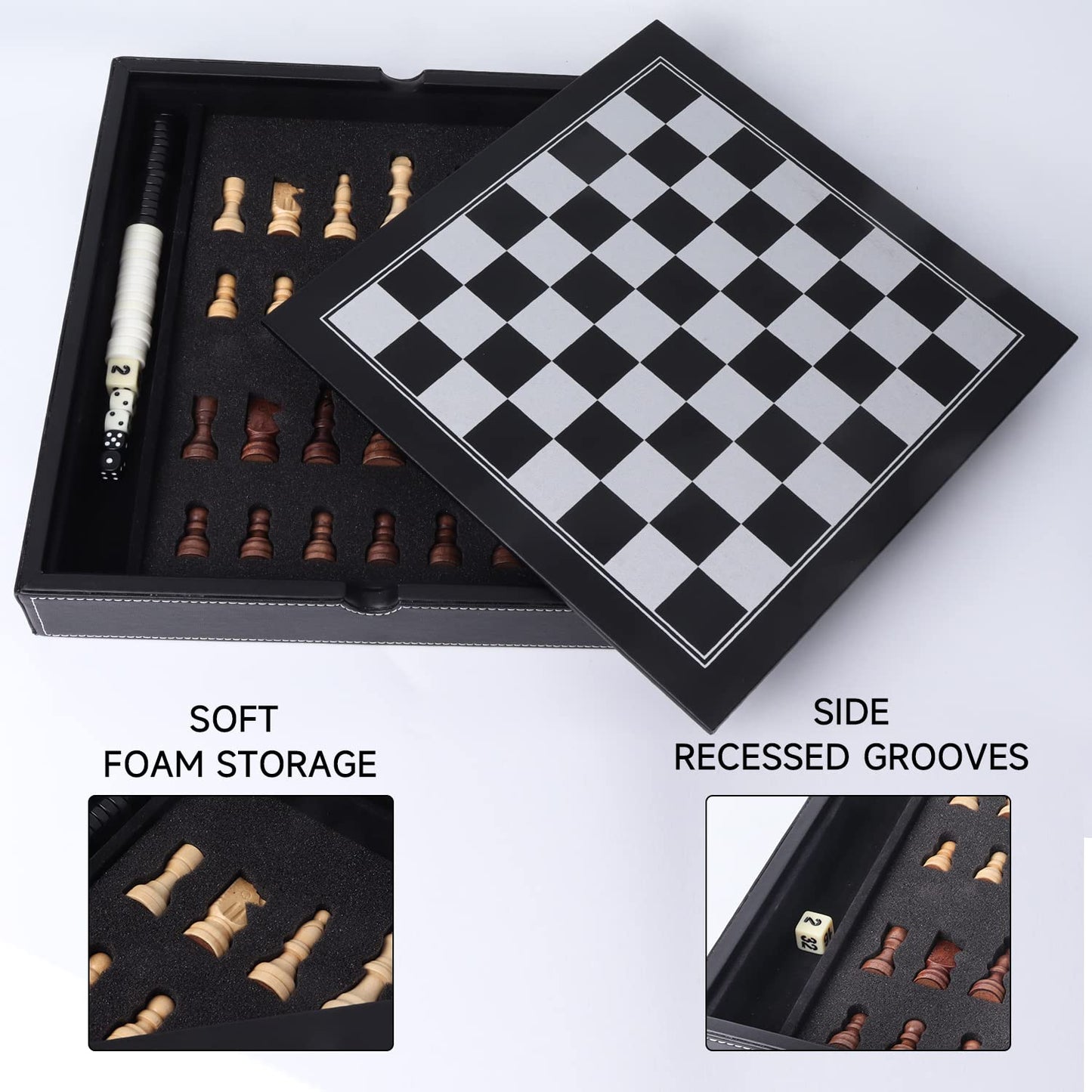 GSE Games & Sports Expert 12.5" Premium Leather 3-in-1 Chess, Checkers & Backgammon Set - Classic Board Game for Kids & Adults