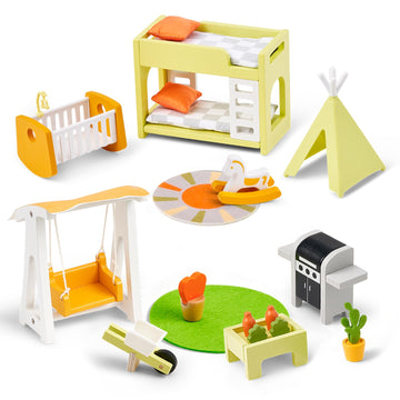 Giant Bean 21Pcs Wooden Plastic Dollhouse Furniture Set, Patio And Babyroom Set, Green Dollhouse Accessories Pretend Play Furnit
