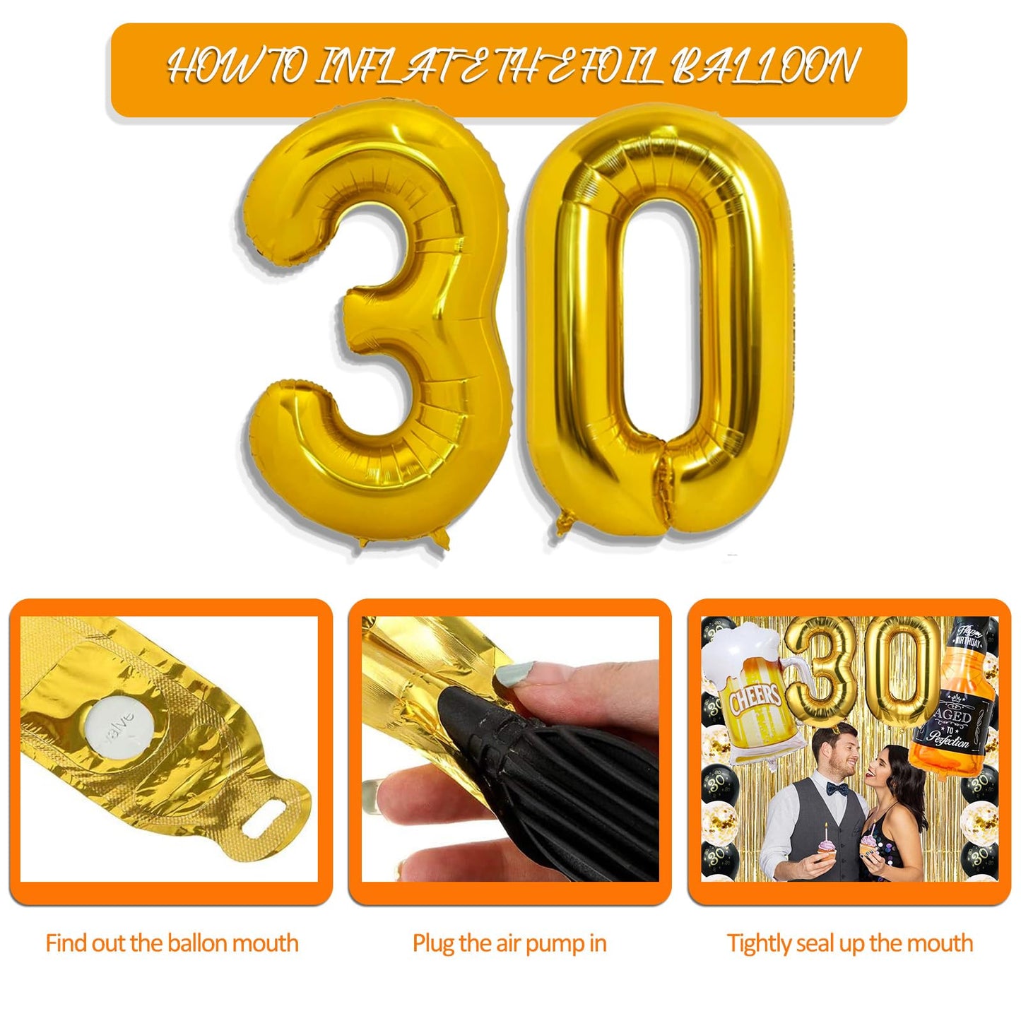 30Th Birthday Decorations For Him, 30 Birthday Decorations With 40 Inch Gold 30 Number Balloons, Cheers To 30 Years Banner,Fring