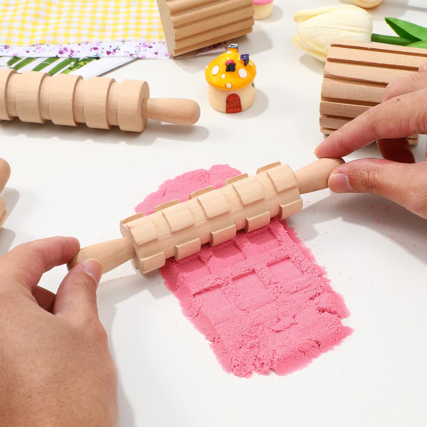 Kisangel 12pcs Wooden Dough Tools Clay Pattern Rolling Pin Set Dough Molding Shaping Tool for Toddler Kids Art Craft Activity Su