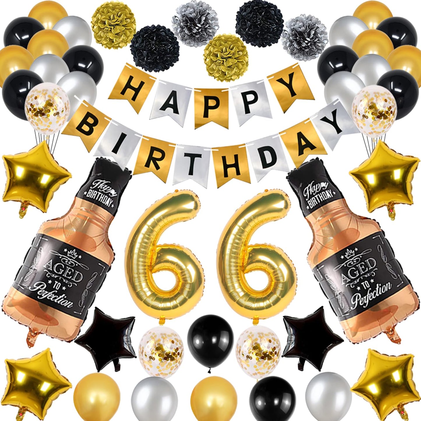 Naninuneno 66Th Gold Birthday Decorations, Gold Black Silver Happy Birthday Balloons Supplies For Boy Men Girl Women, 66 Birthda