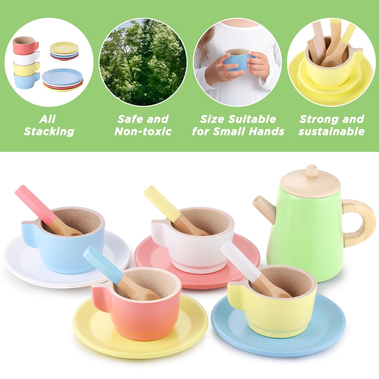 Gagaku Wooden Tea Set And Wooden Play Dishes 2 In 1 Play Food Set Toy 28 Pcs Montessori Wooden Play Kitchen Accessories Kitchen