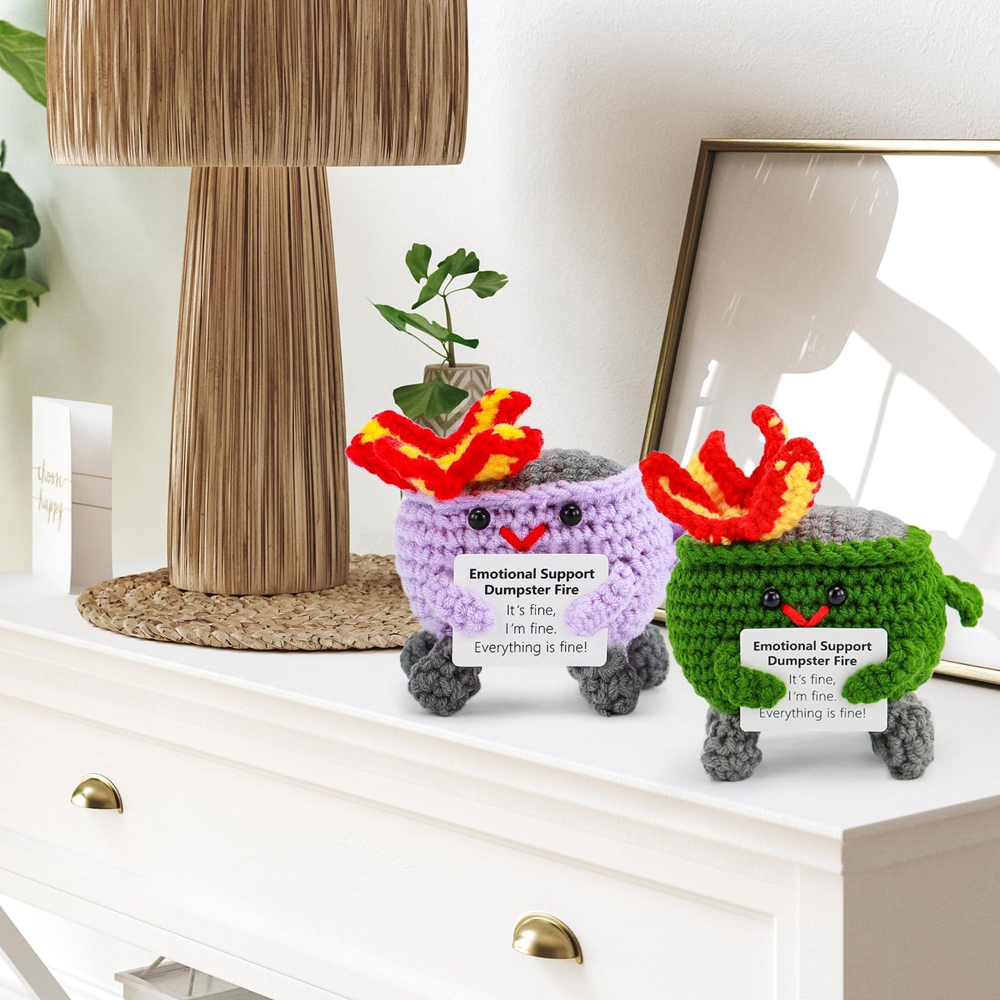 Dulvus Emotional Support Dumpster Fire Crochet, 2 Pack Handmade Positive Gift, Cute Room Decor Knitted Toys, Adorable Office Des