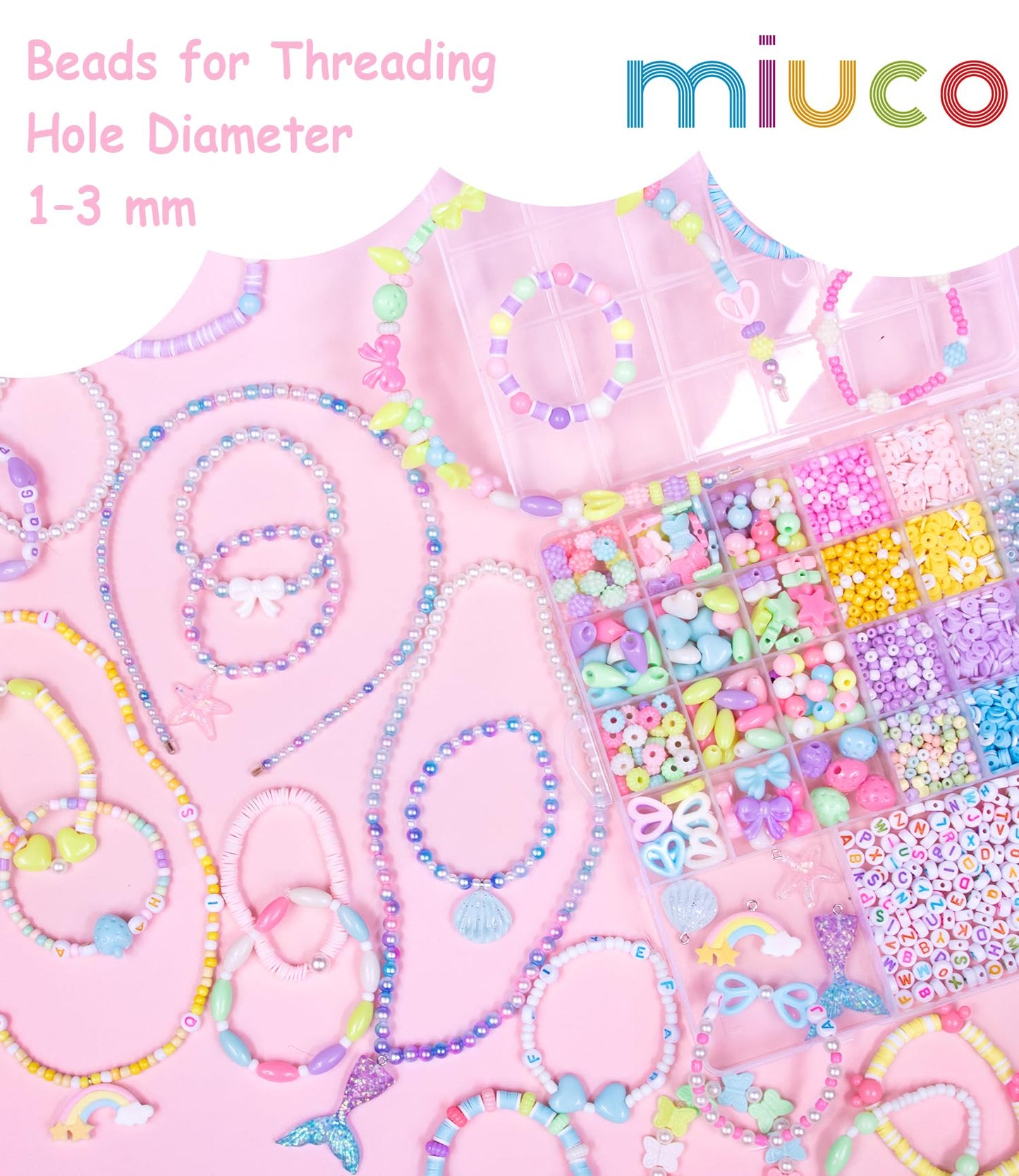 MiuCo Bracelet Making Kit for Girls - Cute Beads for Jewelry Making Kit with Charms - Arts and Crafts for Make Necklaces - Birth