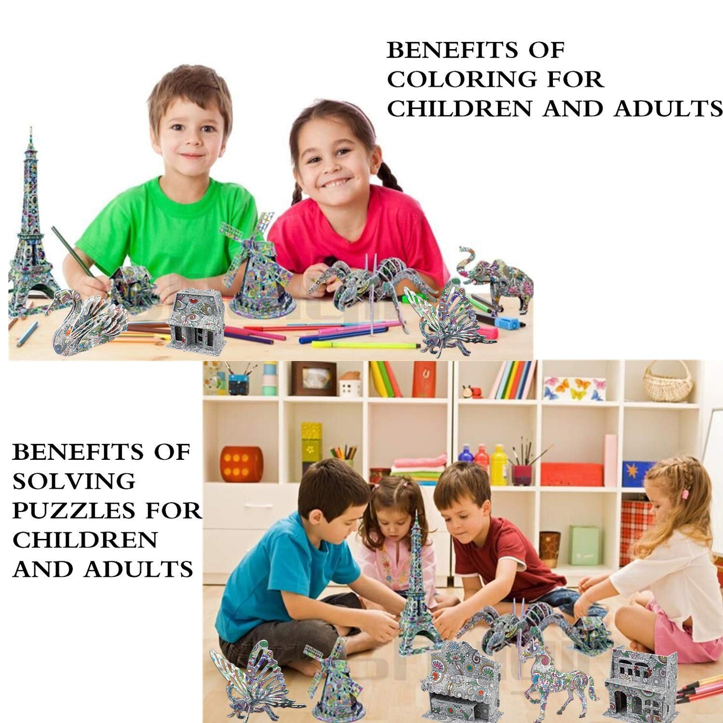 Kazoku Crafts For Girls Ages 8-12 3D Coloring Puzzles Toys 4 Animals Puzzles With 12 Pen Markers Creative Arts And Crafts Kits F