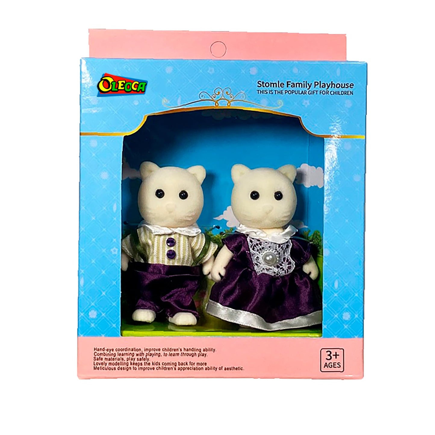 Oleoca Family Cream Cat Figures - Set Of 2 Collectible Flocked Mini Dolls With Removable Clothes, Miniature Dollhouse Pretend Pl