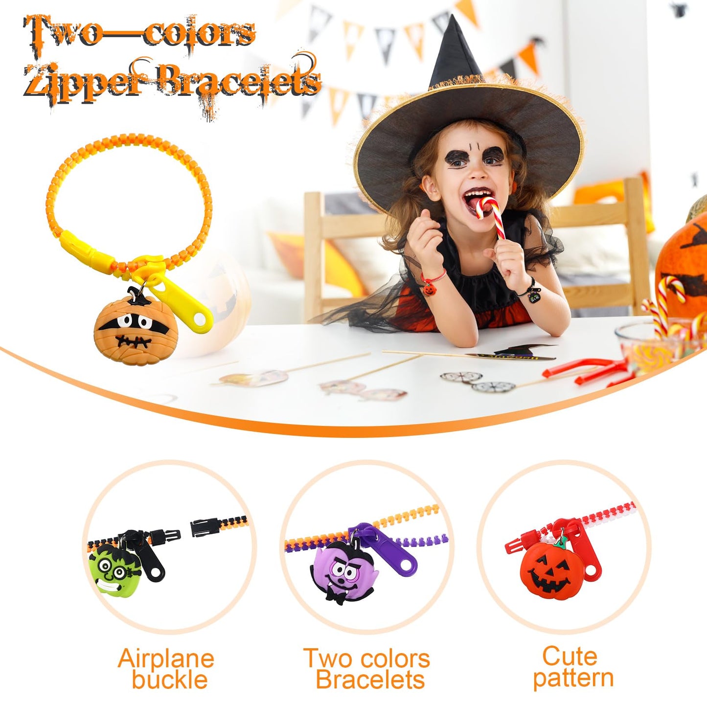 Capoda Halloween Party Favor Zipper Bracelets Bulk Trick or Treat Bracelets Halloween Bracelets Set Halloween Party Favor Wristb