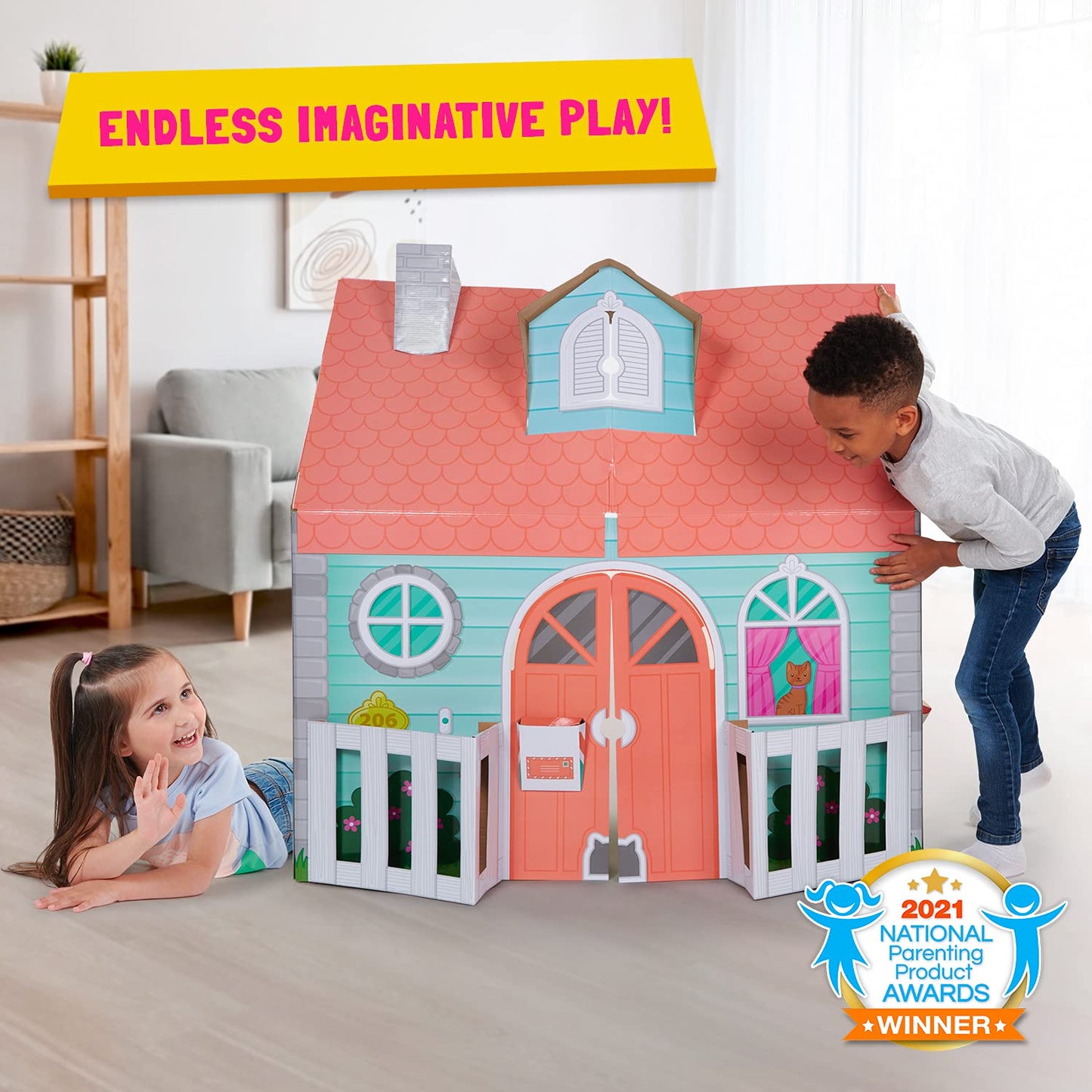 Pop2Play Kids Playhouse – Sturdy And Eco-Friendly Carboard House Folds Flat For Easy Storage – Role Play Toy For Girls And Boys