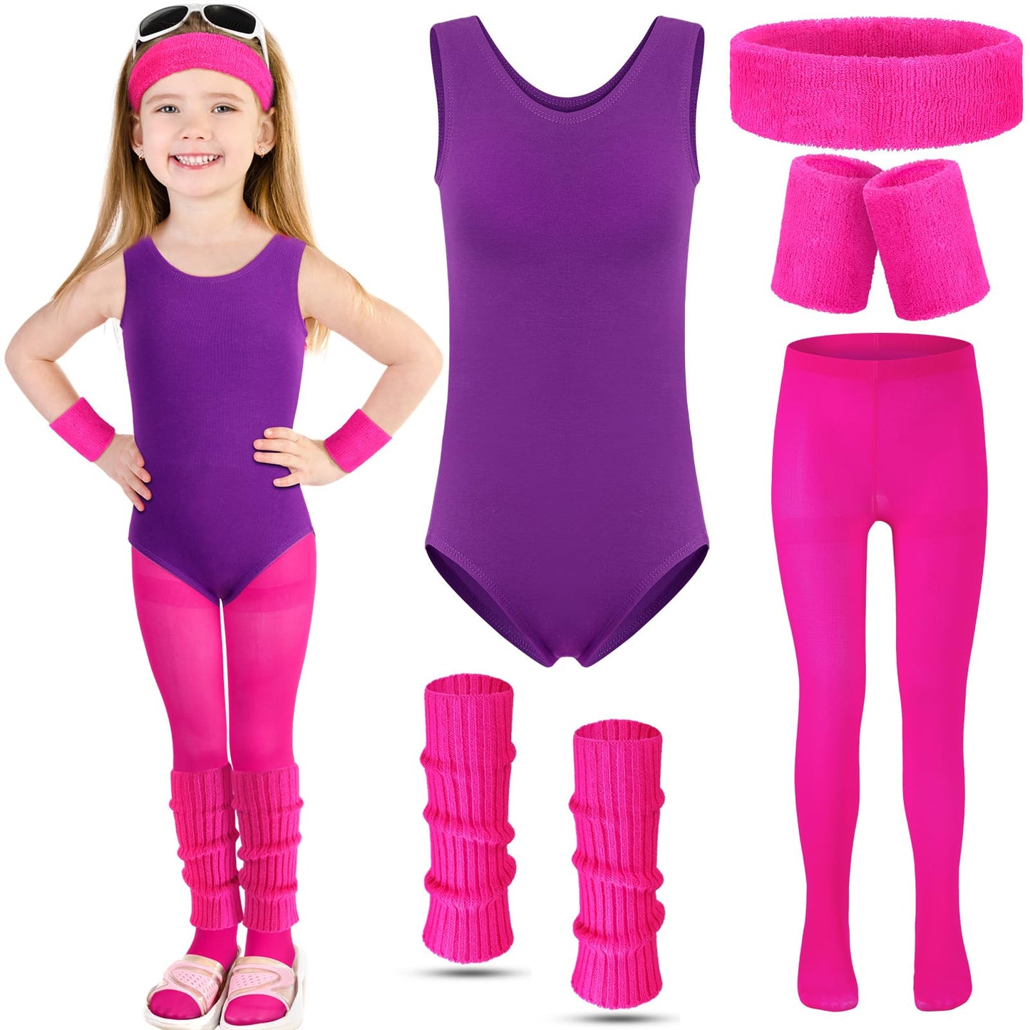 Giegxin Kids 80s Workout Costume Halloween Outfit Accessories Retro Neon Leotard Legging Headband Wristband Leg Warmers(Large,Rose Red, Purple) -Like New