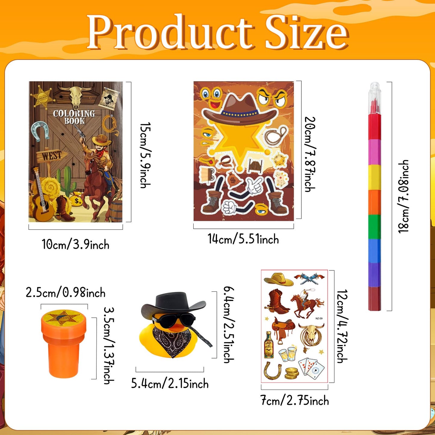 Cinrobiye 144 Pcs Western Cowboy Party Favors, Wild West Coloring Books, Stickers, Tattoos, Stampers, Rubber Ducks, Rainbow Penc