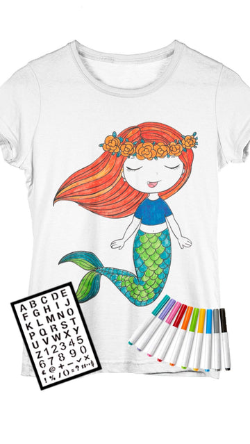 Davinci In You Mermaid Coloring Kit For Girls - Diy With Shirt, 10 Fabric Markers And Alphabet Stencil