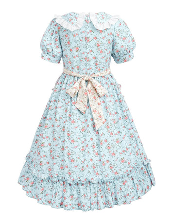 Nuoqi Prairie Dresses for Girls, Blue Laura Ingalls Wilder Costume Pioneer Colonial Dress with Apron, 10-12