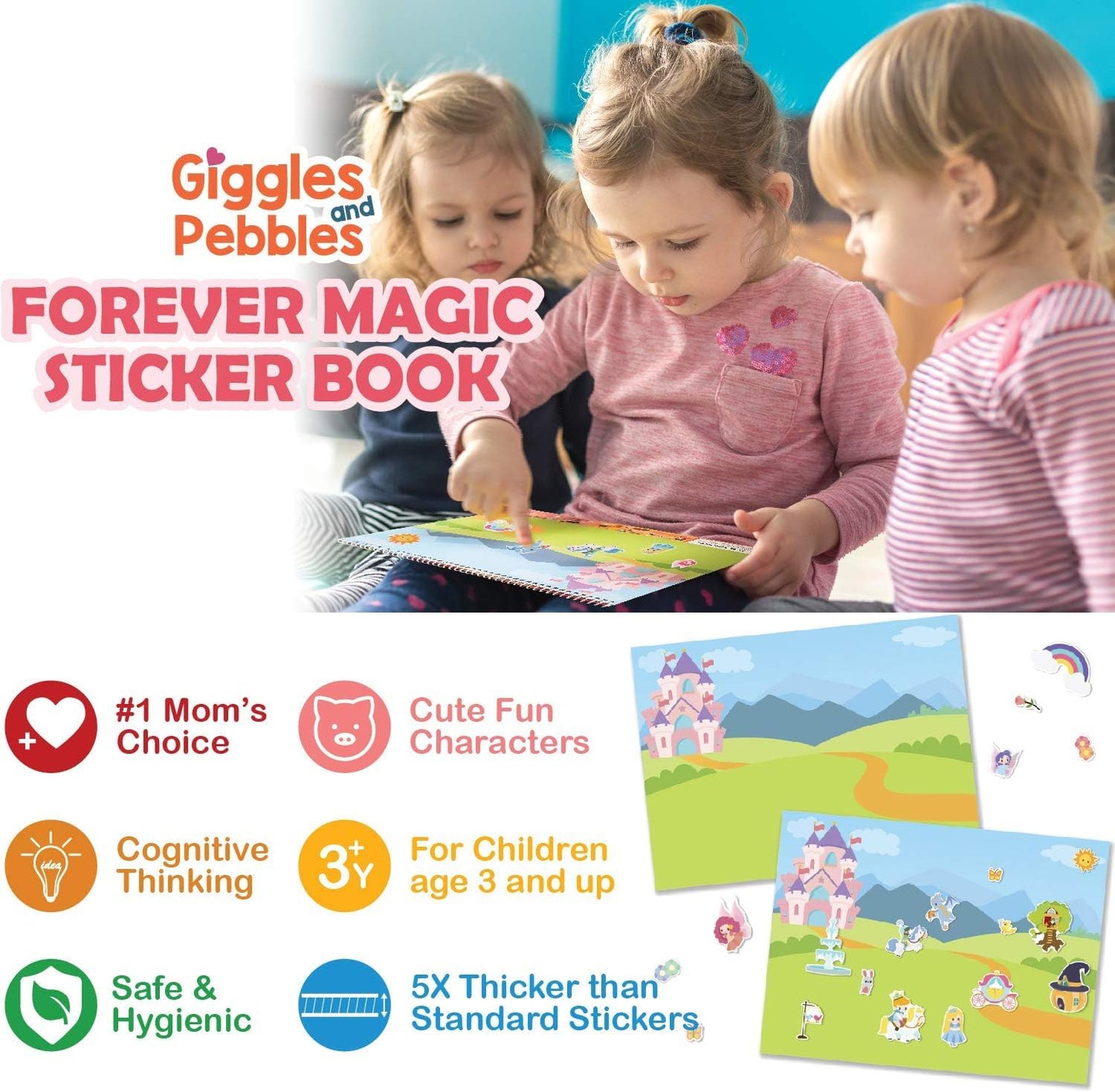 Giggles & Pebbles Reusable Stickers for Kids, Non-Adhesive Stickers for Toddler Children with 3 sceneries - Magic Kingdom, Tea P