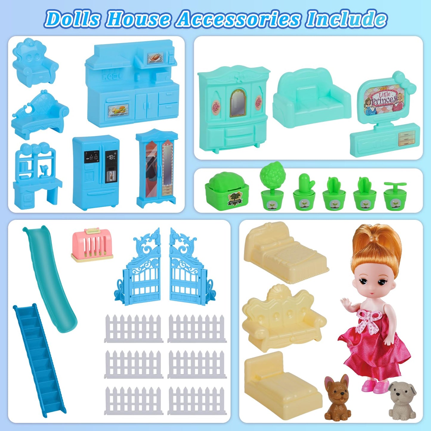 Blue Dolls Houses For Girls With Light, 1 Dolls, 2 Pets, 2 Floors - 8 Rooms, 215 Pcs Ice Dream Girls House Pretend Play Toy Set