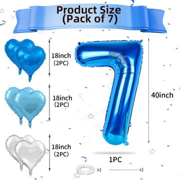 Biapian 40 Inch Blue Number 7 Balloons, Large Number 7 Balloon With 18'' Dark Blue And Silver Foil Heart Shape Balloons Helium F