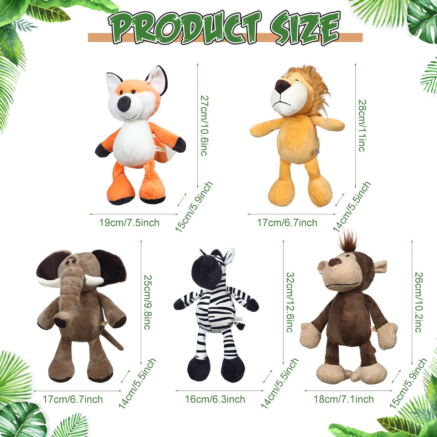 9 Pcs Plush Jungle Animals Toys Jungle Safari Stuffed Animals Bundle 9.9 Inch Cute Toys Includes Tiger Lion Elephant Monkey Zebr