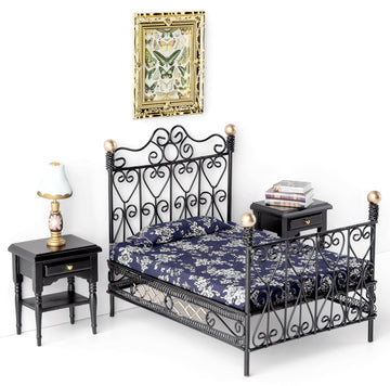 Minamzee 8Pcs 1:12 Dollhouse Bedroom Furniture Set Miniature Black Metal Bed With Bedding, Wooden Bedside Table, Lamp, Books, Mu