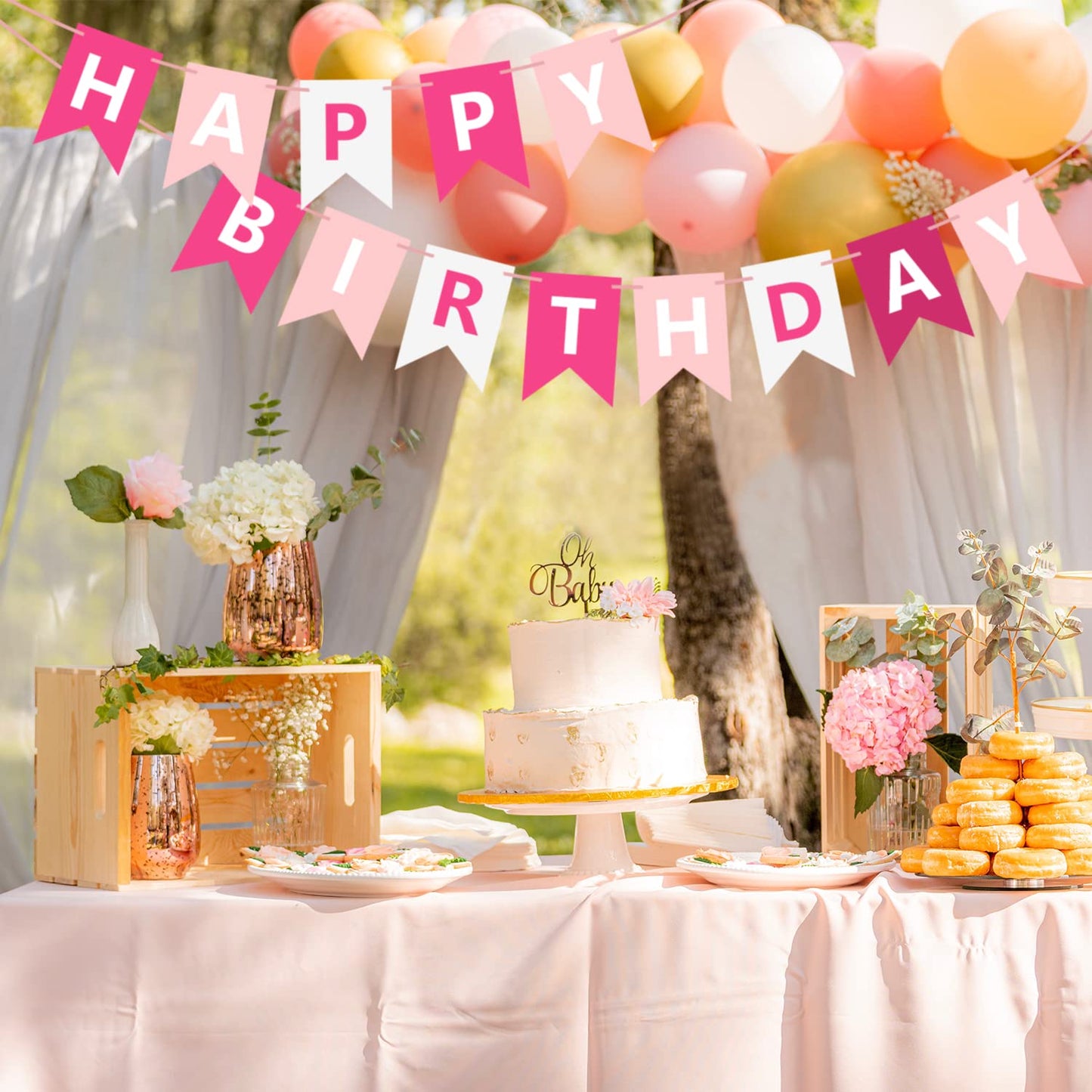 Waenerec Pink Happy Birthday Banner Sign Happy Birthday Bunting Banner Garland For Kids Girls Baby 1St Birthday Tea Party Decorations Bunting Flag Birthday Party Supplies