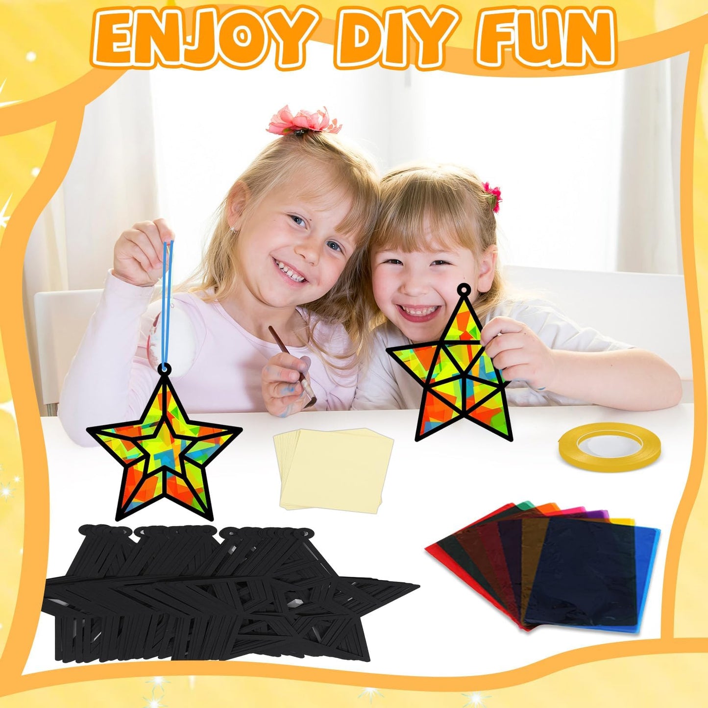 QOUBAI 32 Sets Christmas Stars Suncatchers Craft Back to School DIY Stained Glass Window Patriotic 4th of July Paper Craft Home