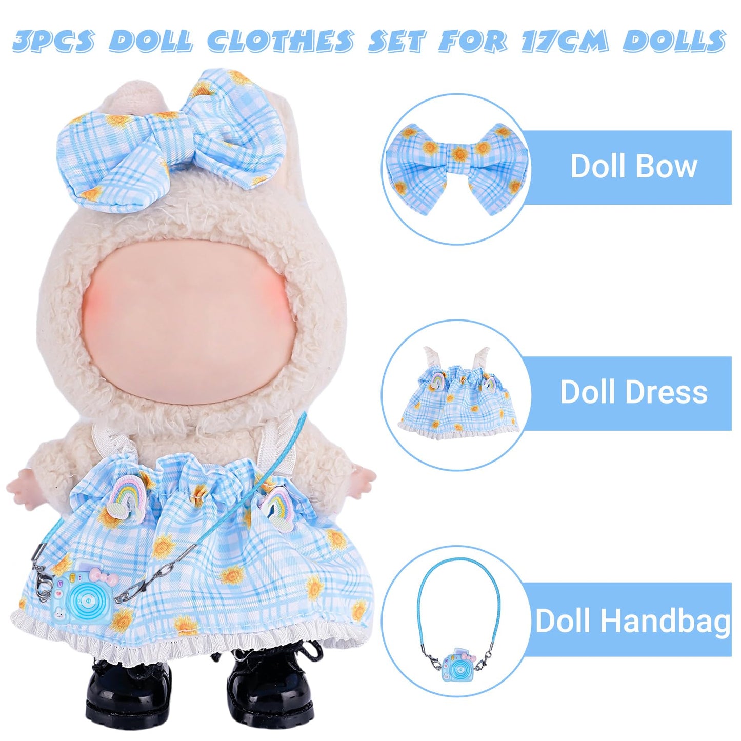 Ariker 3Pcs 15Cm/17Cm Doll Clothes Set For Labubu Dolls (No Doll), Stylish Outfits Accessories, Plaid Dress For Girls Boys Colle