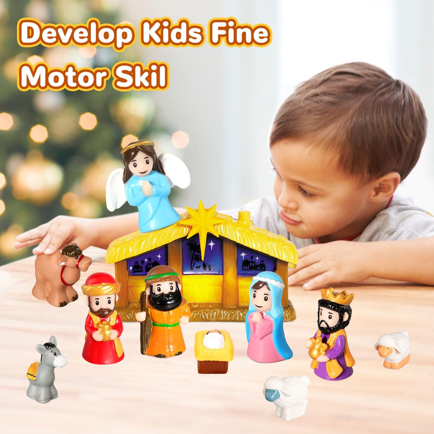 Hotfun Lighted Nativity Set For Kids, Christmas Story Nativity Playset Figures, 17 Pcs Childrens Nativity Set With Baby Jesus Ma