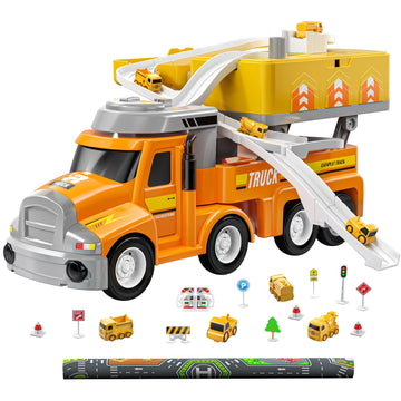 TEMI Construction Truck Kids Toys for 3 4 5 6 Year Old Boys, Toddler Car Adventures Toys for Girls, Car Carrier Toy with 8 Vehic