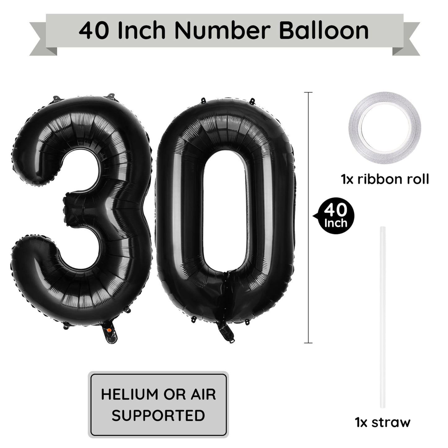 Paticool 30 Number Balloon Black,40 Inch Large 30 Number Foil Mylar Balloons For 30Th Birthday Party Celebration Decorations Sup