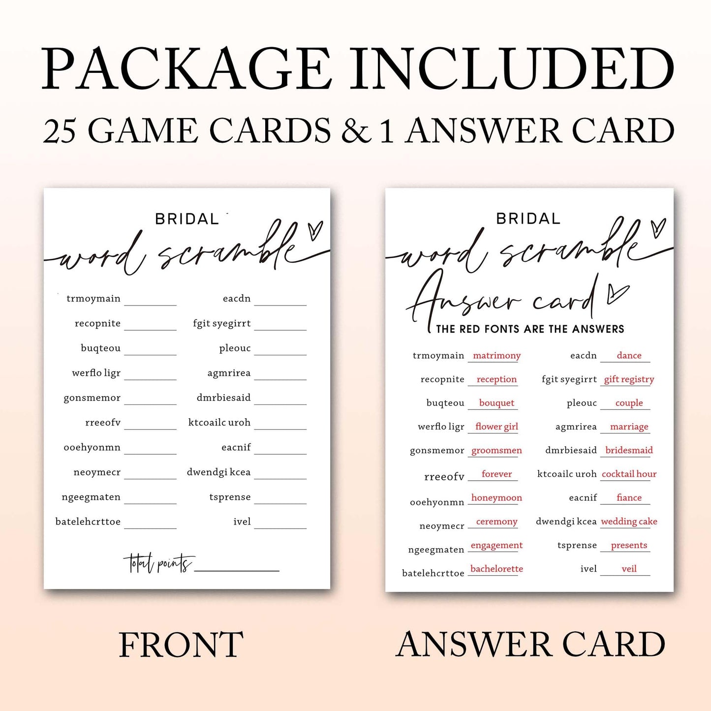 Wedding Shower Games Cards, Bridal Word Scramble, 25 Game Cards with 1 Answer Card, Engagement Party Wedding Games for Guests, M