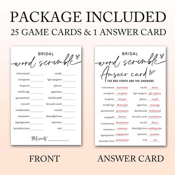 Wedding Shower Games Cards, Bridal Word Scramble, 25 Game Cards with 1 Answer Card, Engagement Party Wedding Games for Guests, M