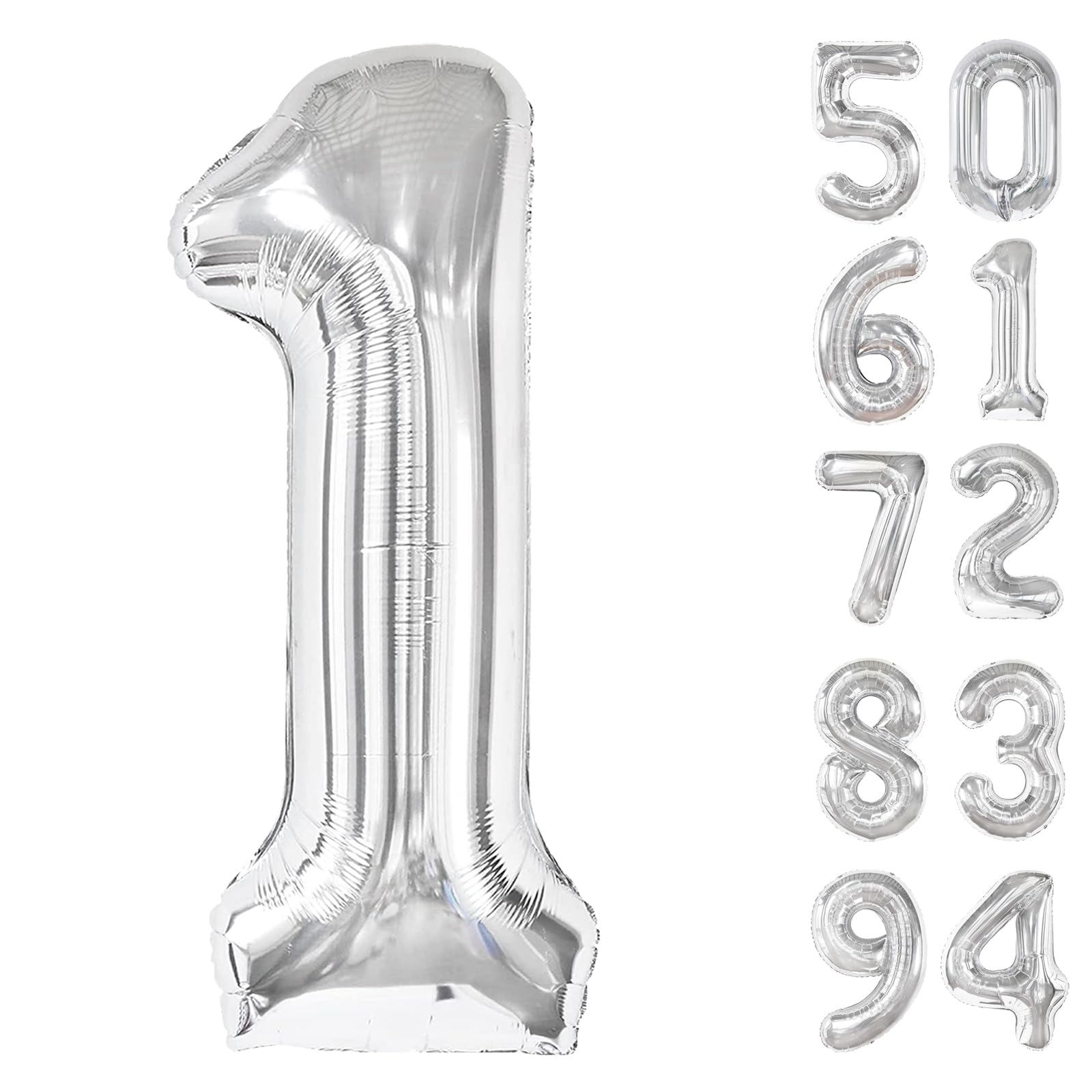 40 Inch Silver 1 Balloon For First Birthday, 1St Number Balloons Birthday Decorations For Girl Boy Kids Toddler Baby, One Giant