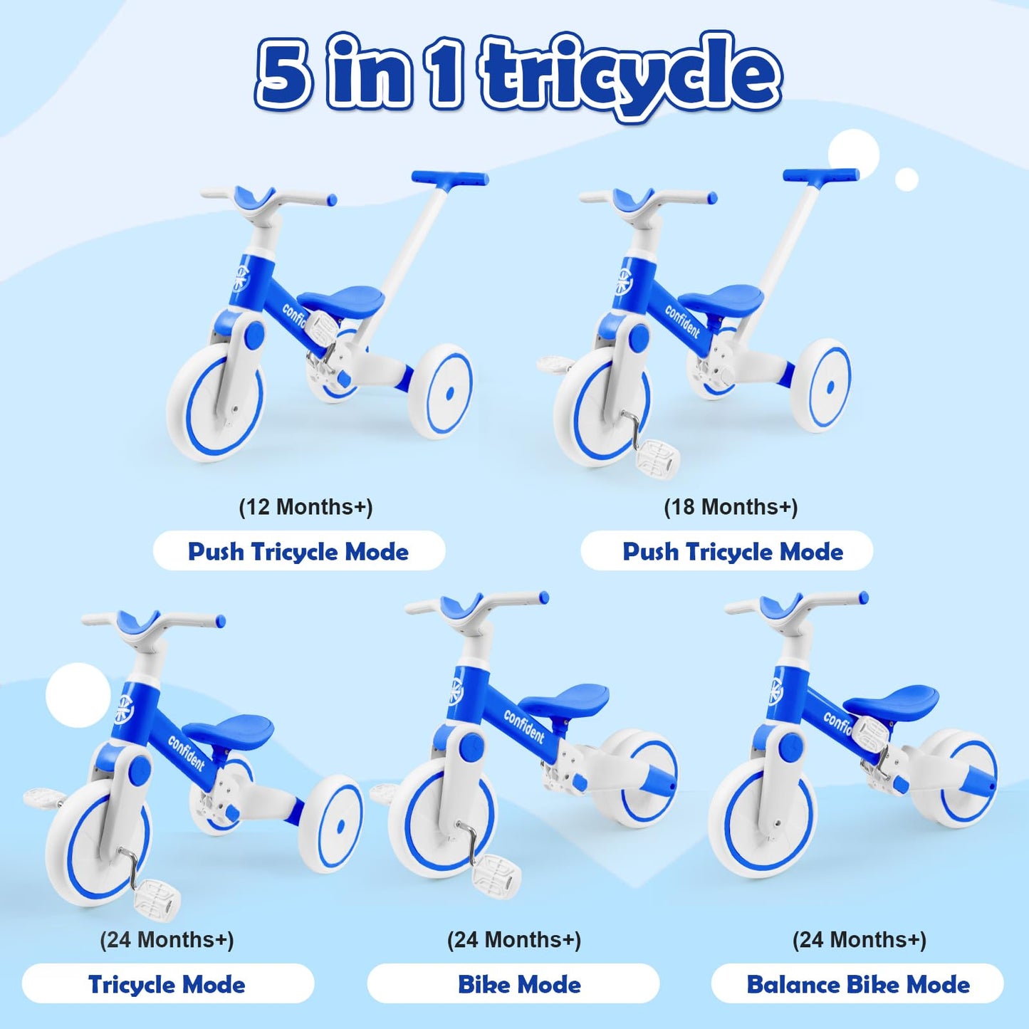 XIAPIA Tricycles for 1-3 Year Olds, 5 in 1 Toddler Balance Bike with Removable Pedal, Push Trike Toys with Adjustable Pushrod fo