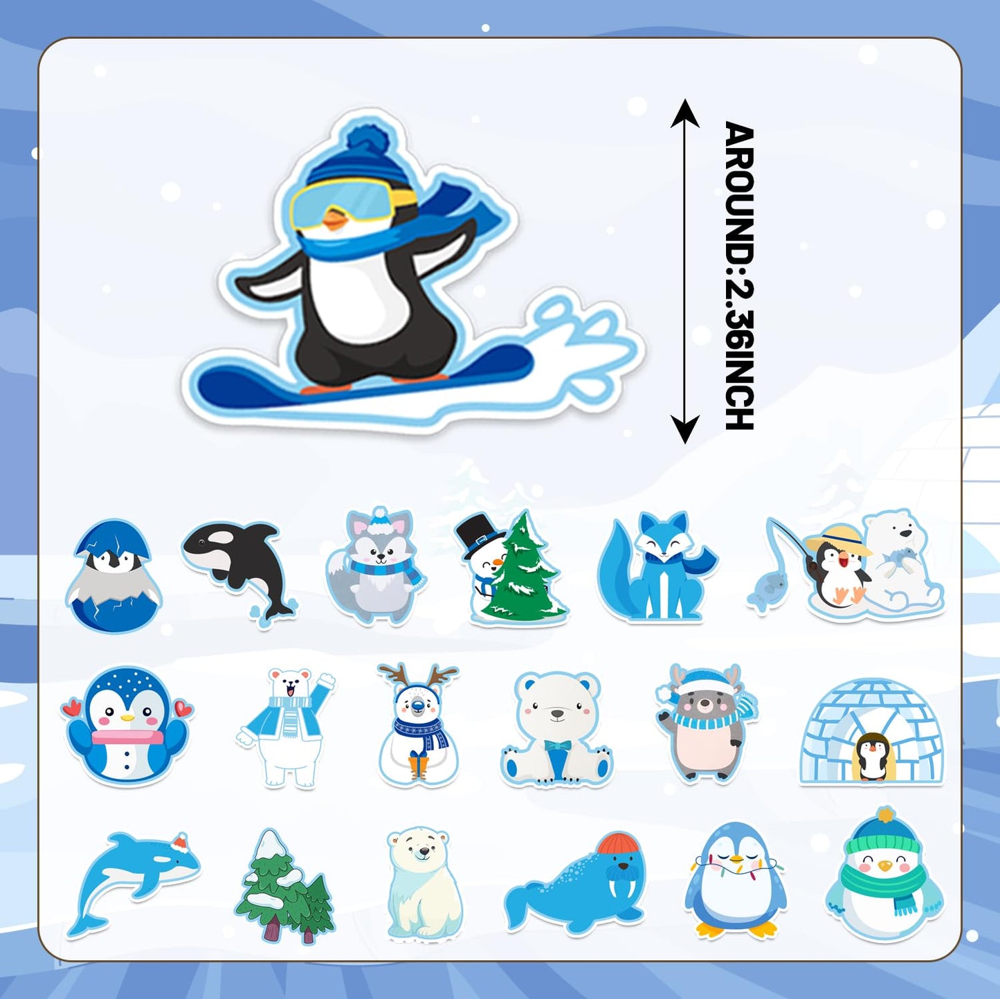 100 PCS Winter Arctic Animal Stickers, Winter Arctic Polar Animal Party Favors Birthday Party Decorations Supplies Gifts Waterpr