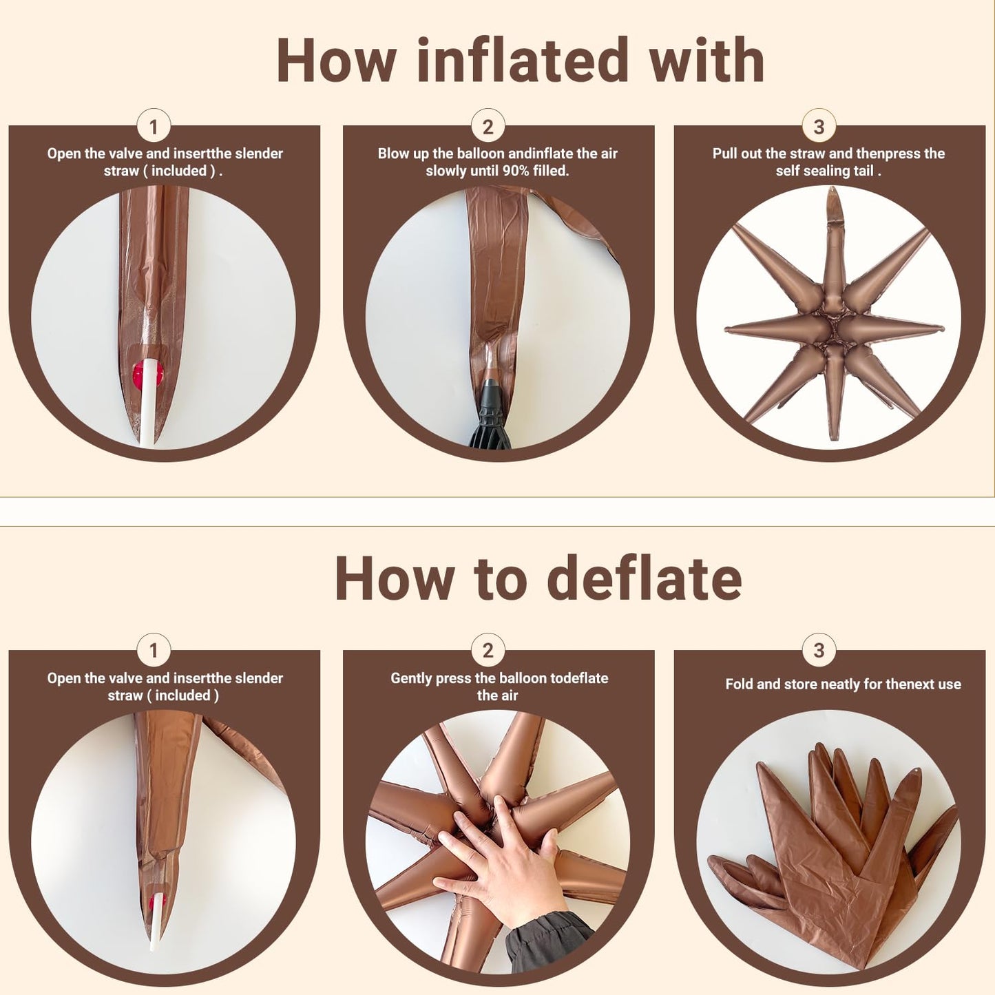 6 Pcs Brown Star Foil Balloons One-Piece 14-Pointed Star Balloons 4D Starburst Cone Mylar Balloons 22Inch Christmas Birthday Wed