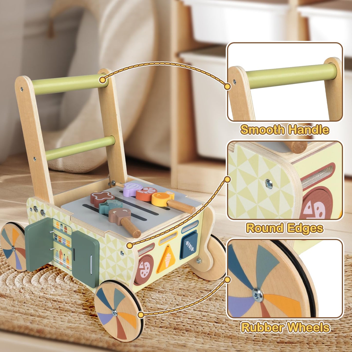 Bautia Baby Push Toys, Wooden Play Kitchen Food Cart, Montessori Acitivty Center Walker Toys For 1 2 Year Old Girl Boys Gifts