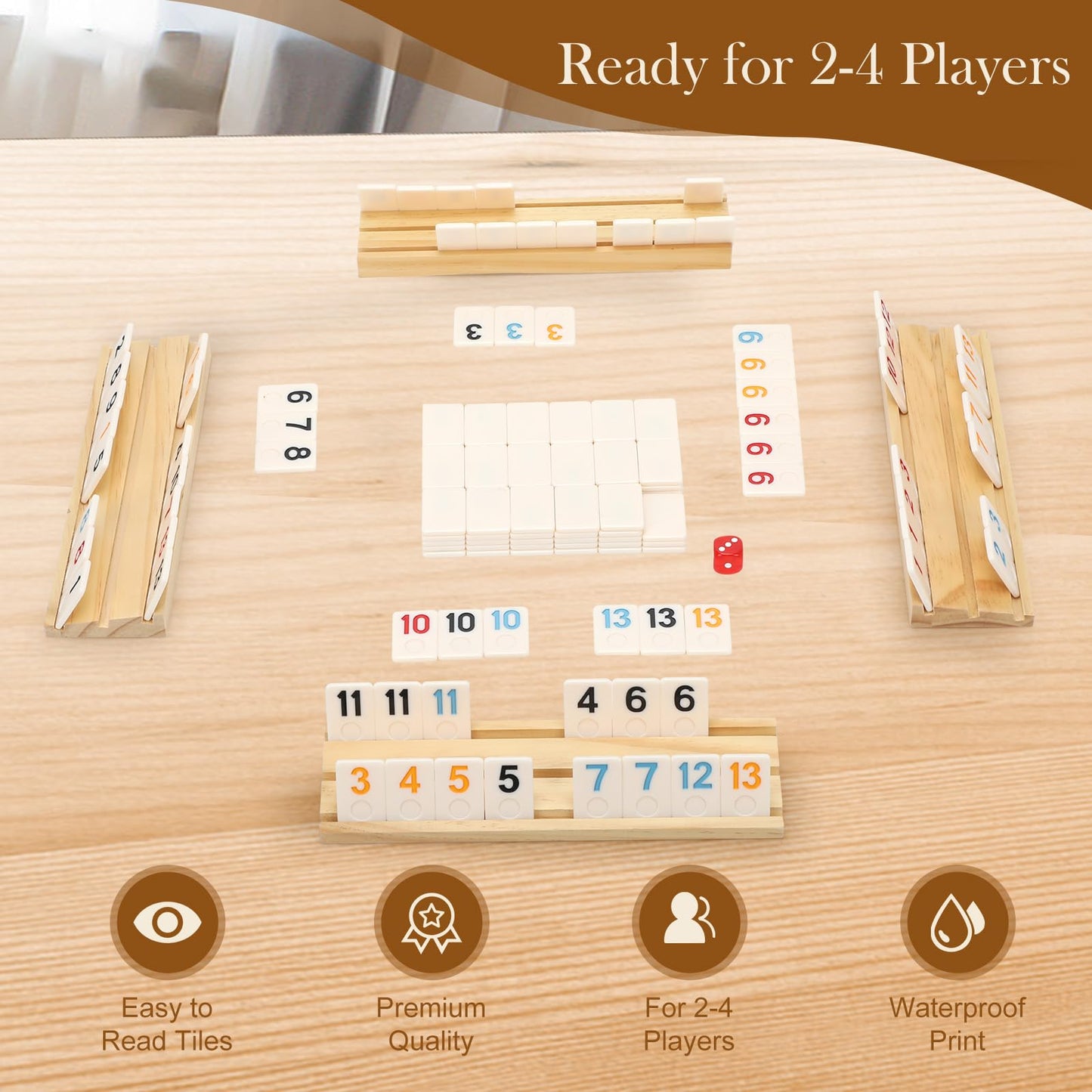 Soopotay Rummy Game for 2-4 Players, 106 Melamine Tiles, 4 Wooden Racks, Portable Case, 11.02" x 4.53"