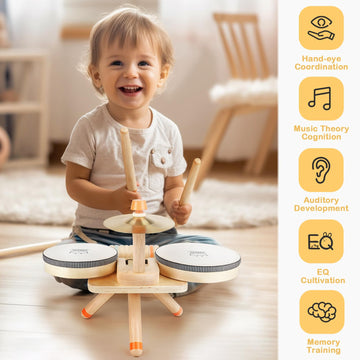 Montessori Toys For 1 Year Old Girls Gifts, Baby Drum Set For Toddlers 1-3, Wooden Musical Toys Babies 6-12-18 Months, Musical Instruments Toys For 1 2 Year Old Boys First Birthday Gifts