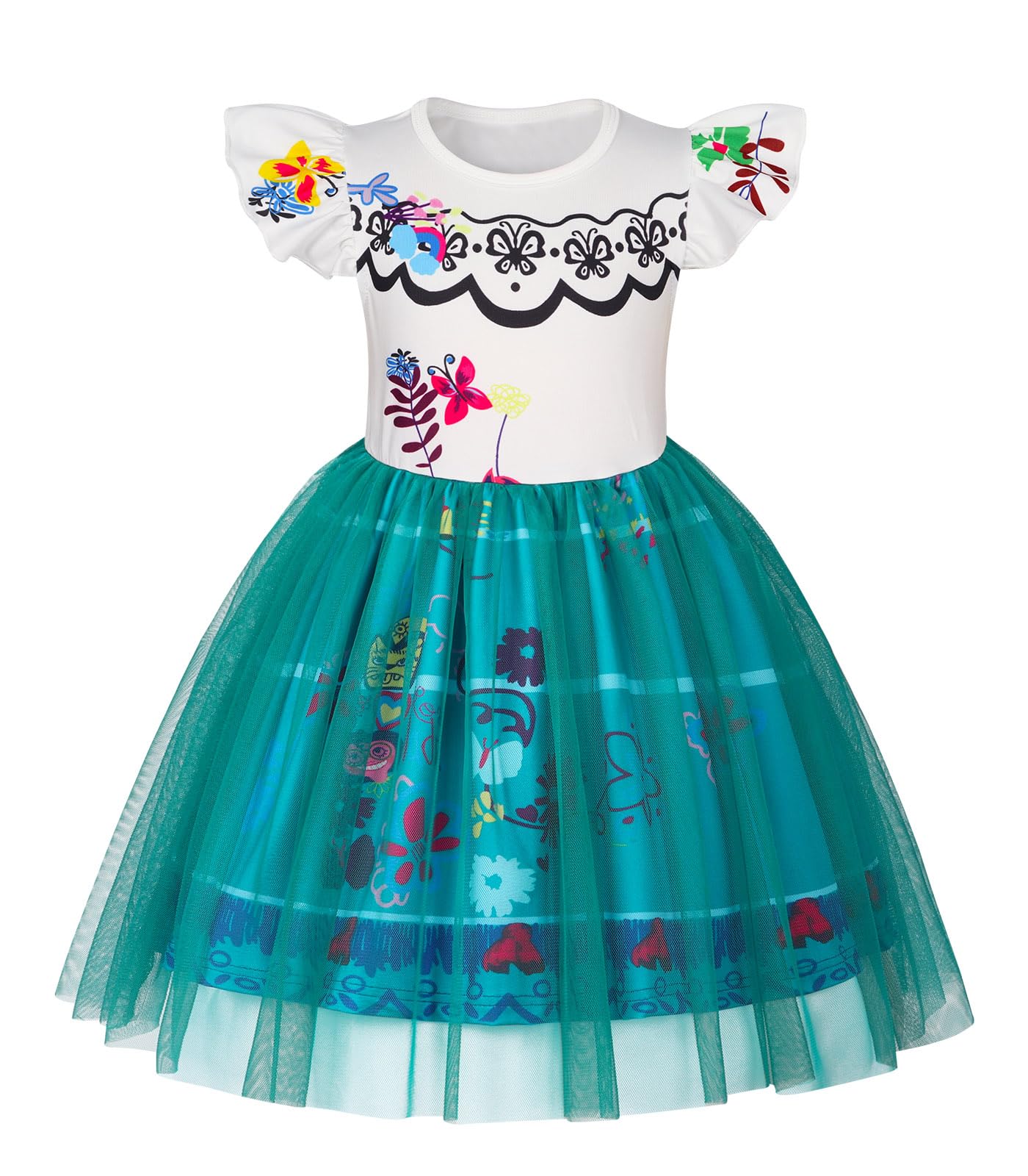 Henzworld Little Girls Encanto Mirabel Tulle Dresses Mirabel Costume Dressing Up For Toddler Girl Kids Short Flutter Sleeve Dres