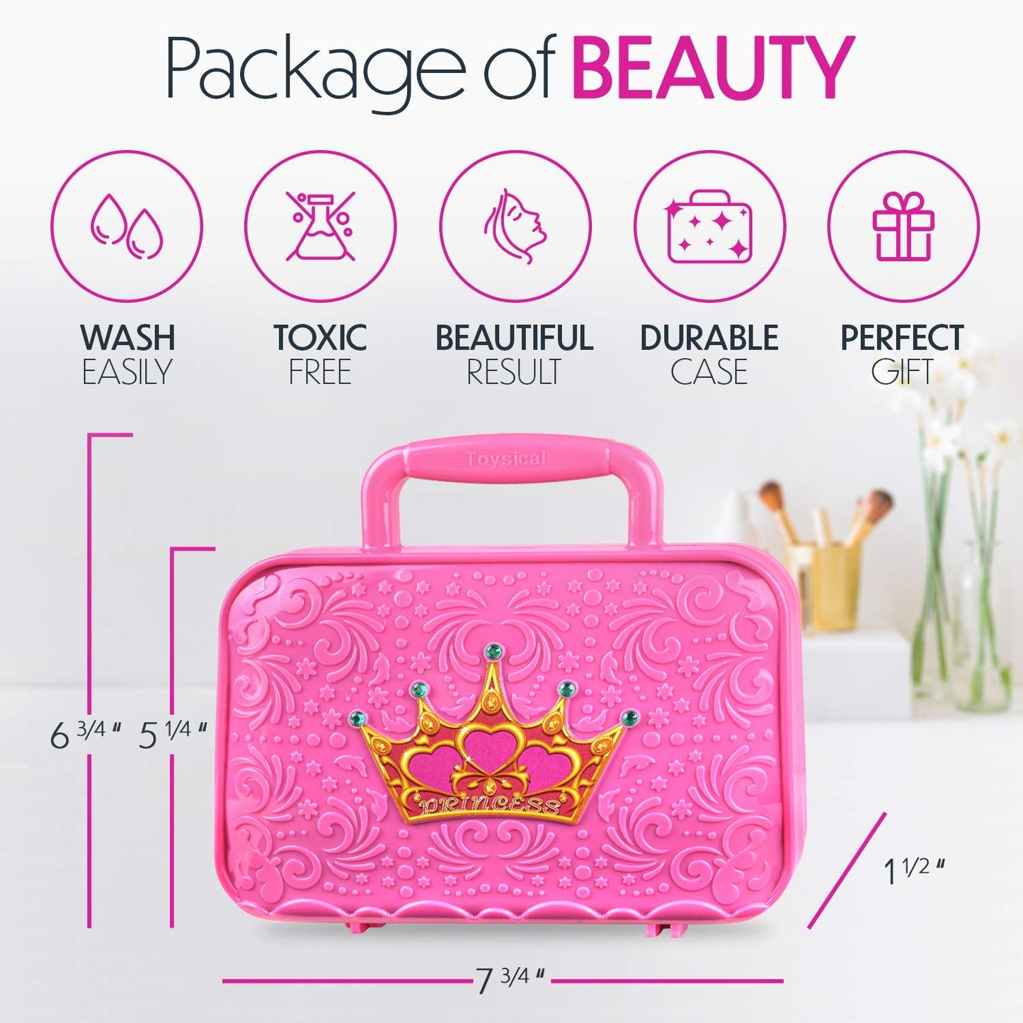 Toysical Kids Makeup Kit - Non-Toxic, Washable, Pink - Real Makeup for Ages 3-10 - Princess Birthday Gift