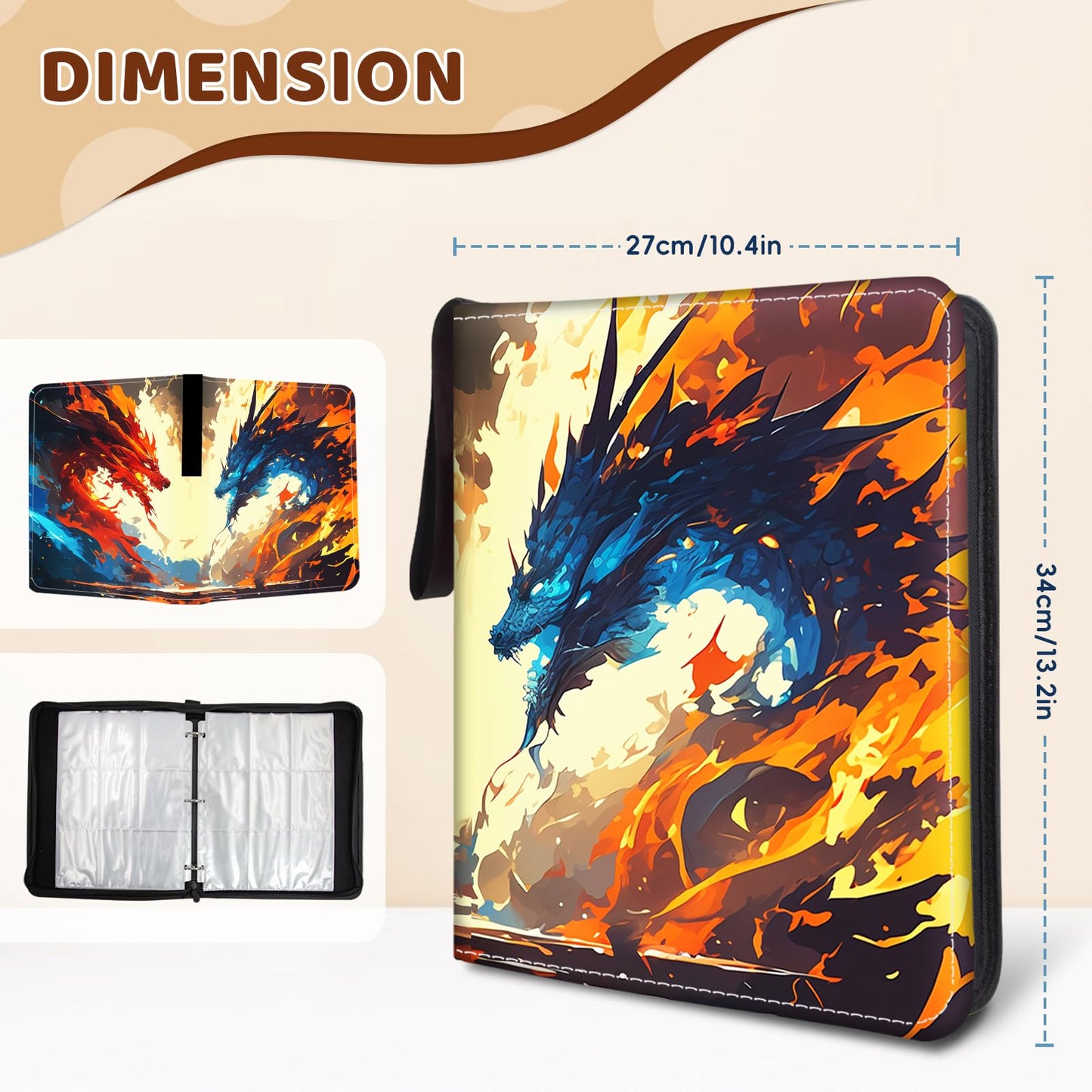Wazzio Trading Card Storage Album  Card Binder with 50 Durable 9-Pocket Pages  Ice Fire Dragon Design on Pocket Card Packs  Gifts for Zipper Closure Collector's Album