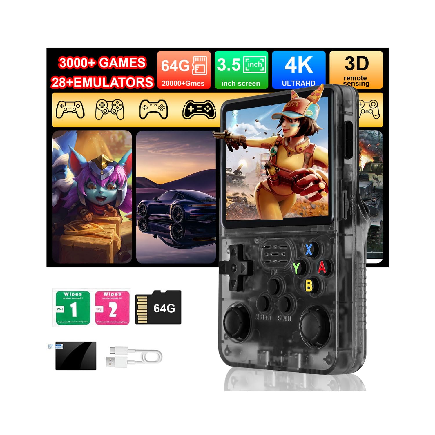 R36S Handheld Game Console  3.5 IPS Screen Retro Game Emulator with Open Source System  Portable Video Gaming Player with Built in 3000+ Games  64GB TF Card  Gift for mature-themeds Teens Kids  Black