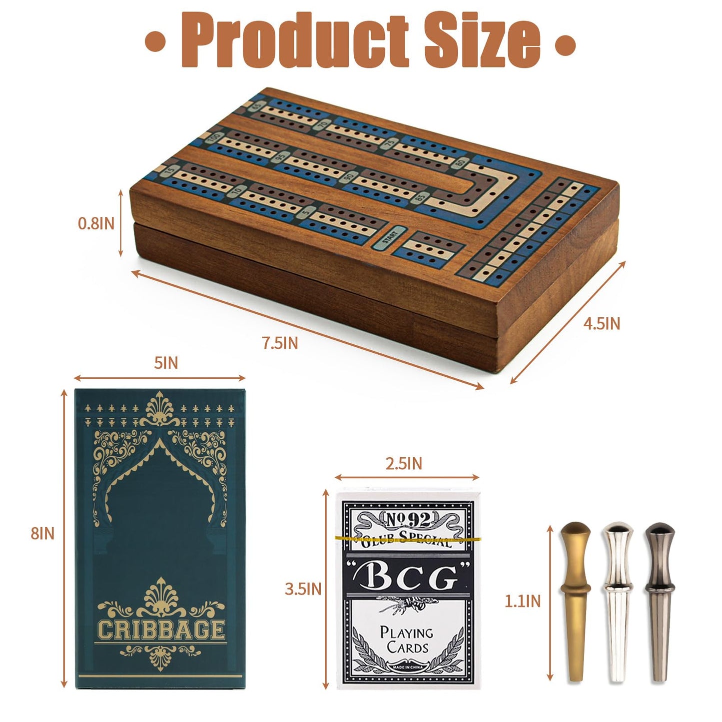 Wooden Cribbage Board Game Set, Travel Cribbage Board With Storage And Collapsible, With Magnetic Lock / 9 Metal Pegs/Full Deck