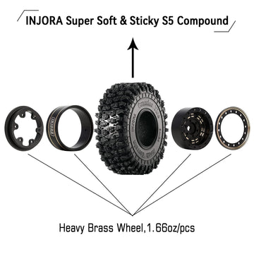 INJORA 1.0 Brass Beadlock Tires Set 4PCS Tires for 1/18 TRX4M 1/24 RC Crawler Car Axial SCX24 FMS FCX24 Gladiator Bronco C10 JLU