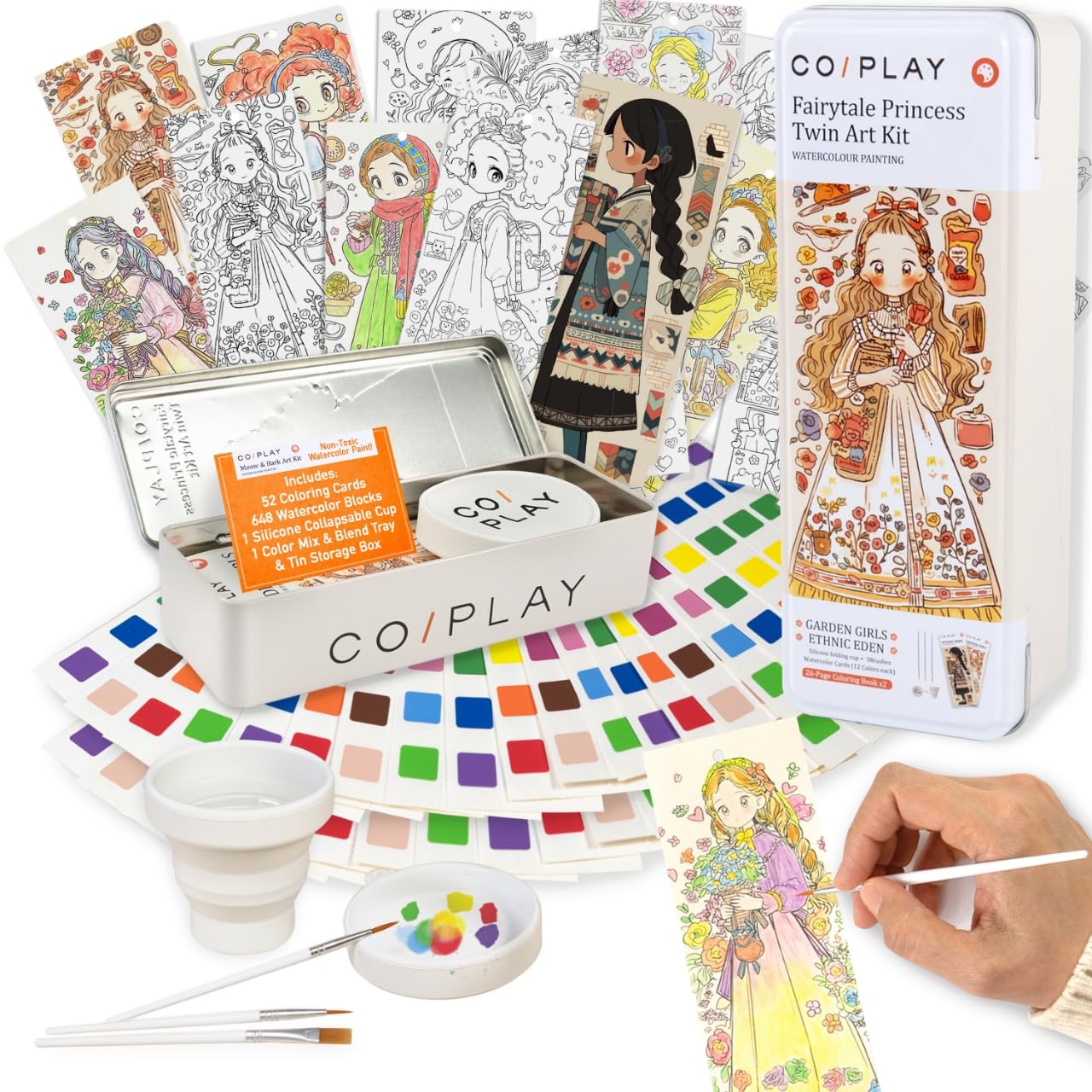 Coiplay 648 Color Blocks Watercolor Paint Set, 52-Bookmarks, 3 Brushes, Silicone Cup, Fairytale Princess Coloring Books, For All